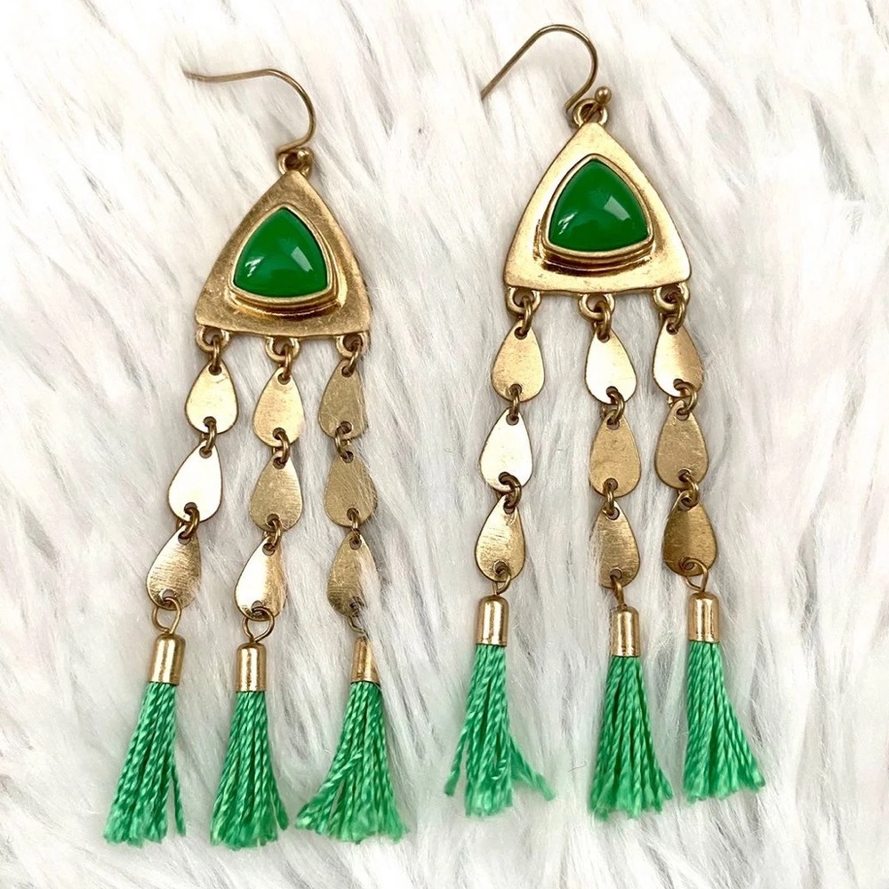 🍓 Green & Gold Hippie Boho Tribal Tassel Earrings - Picture 1 of 2